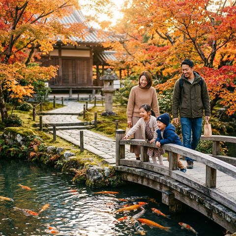 Family enjoying temple garden